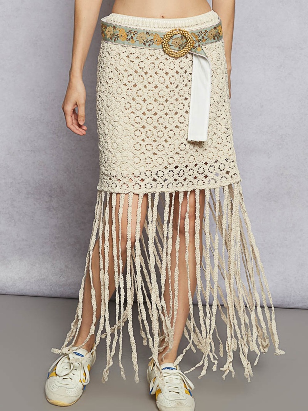 NWT POL Bohemian Cream Crochet Maxi Fringe Skirt One Size